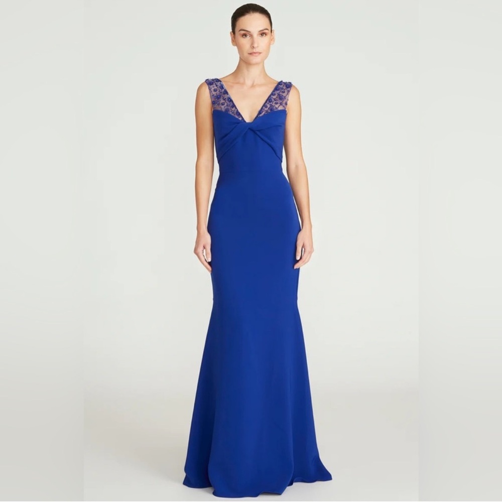 Theia Royal Blue Lace-Shoulder Evening Gown